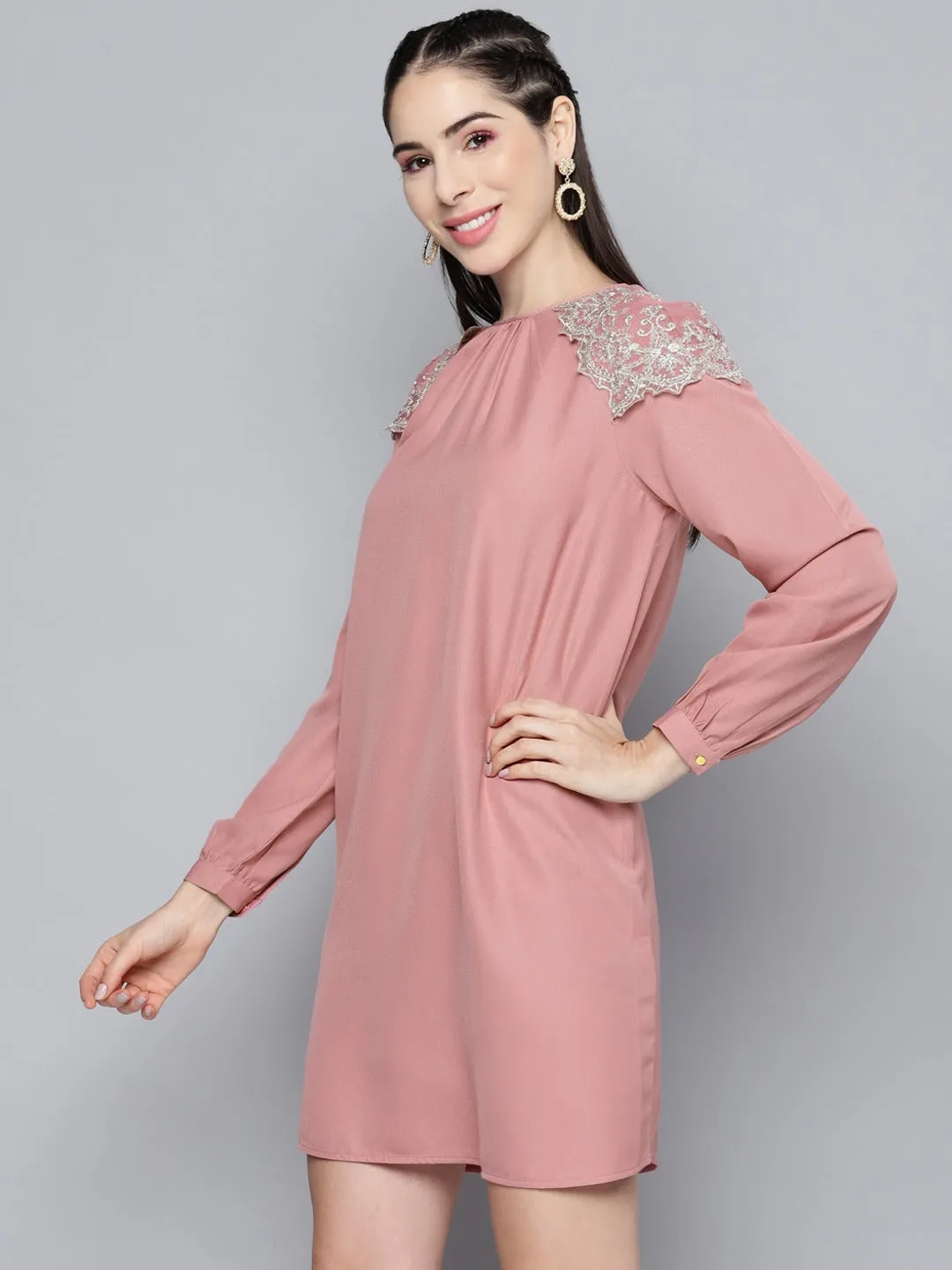 Women Onion Pink Shoulder Lace Patch Dress