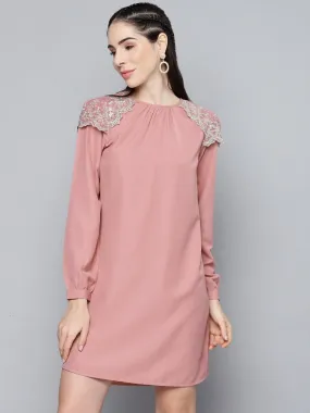 Women Onion Pink Shoulder Lace Patch Dress