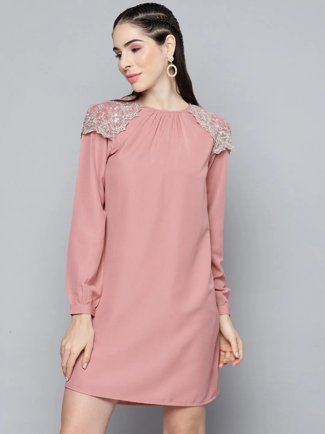 Women Onion Pink Shoulder Lace Patch Dress