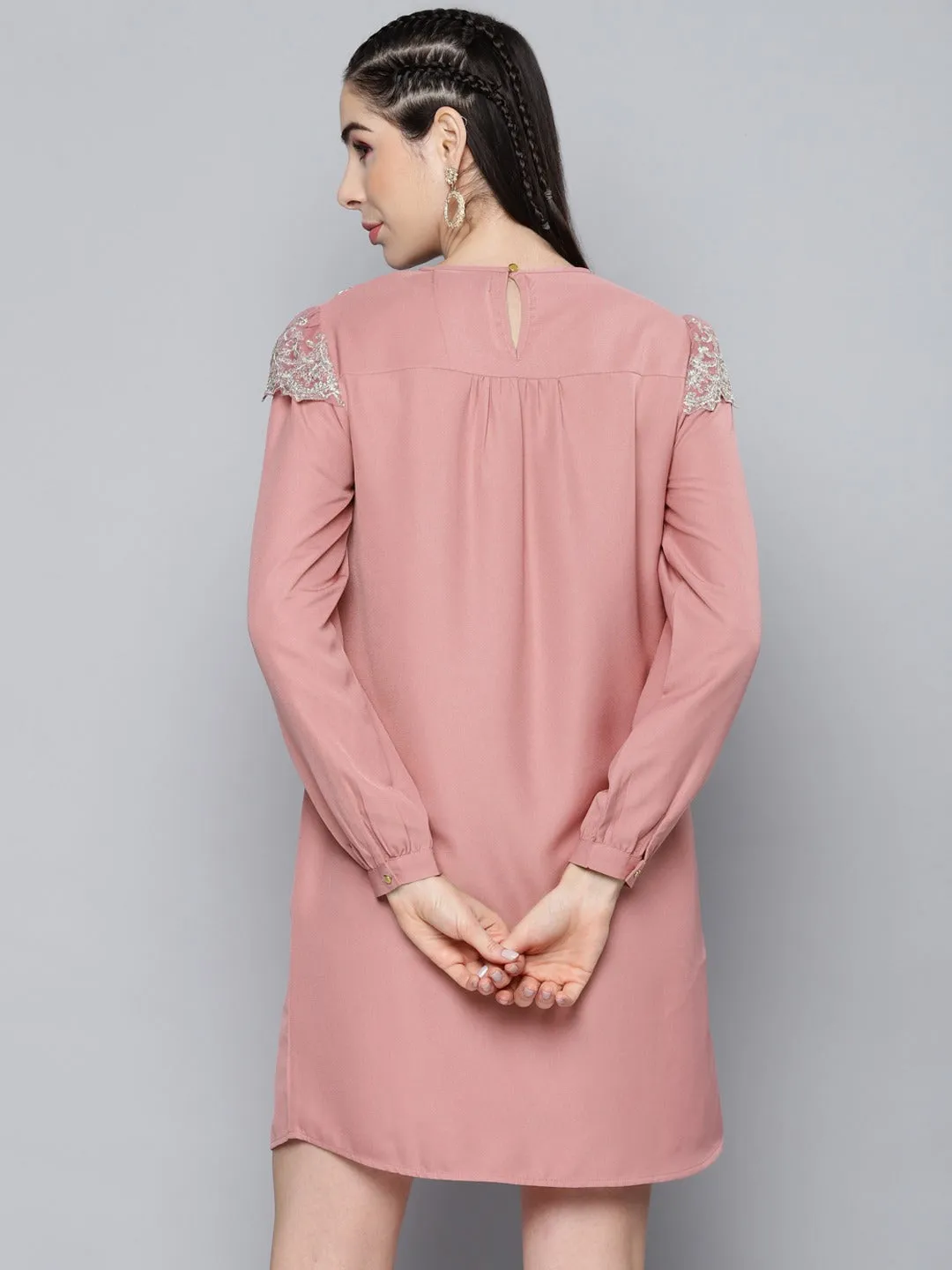 Women Onion Pink Shoulder Lace Patch Dress