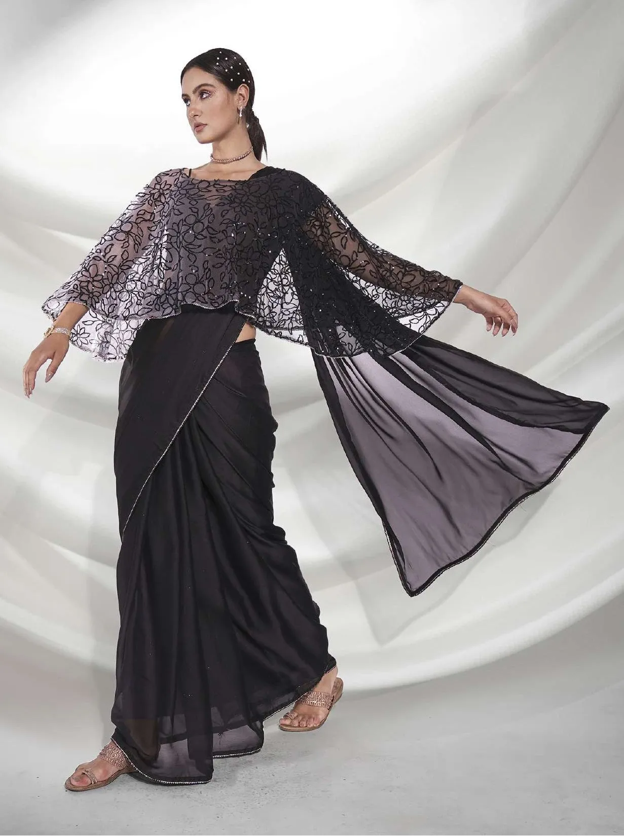 Women Party Wear Plain Black Colour Rangoli Silk Saree Collection(Attached Imported fabric cape)