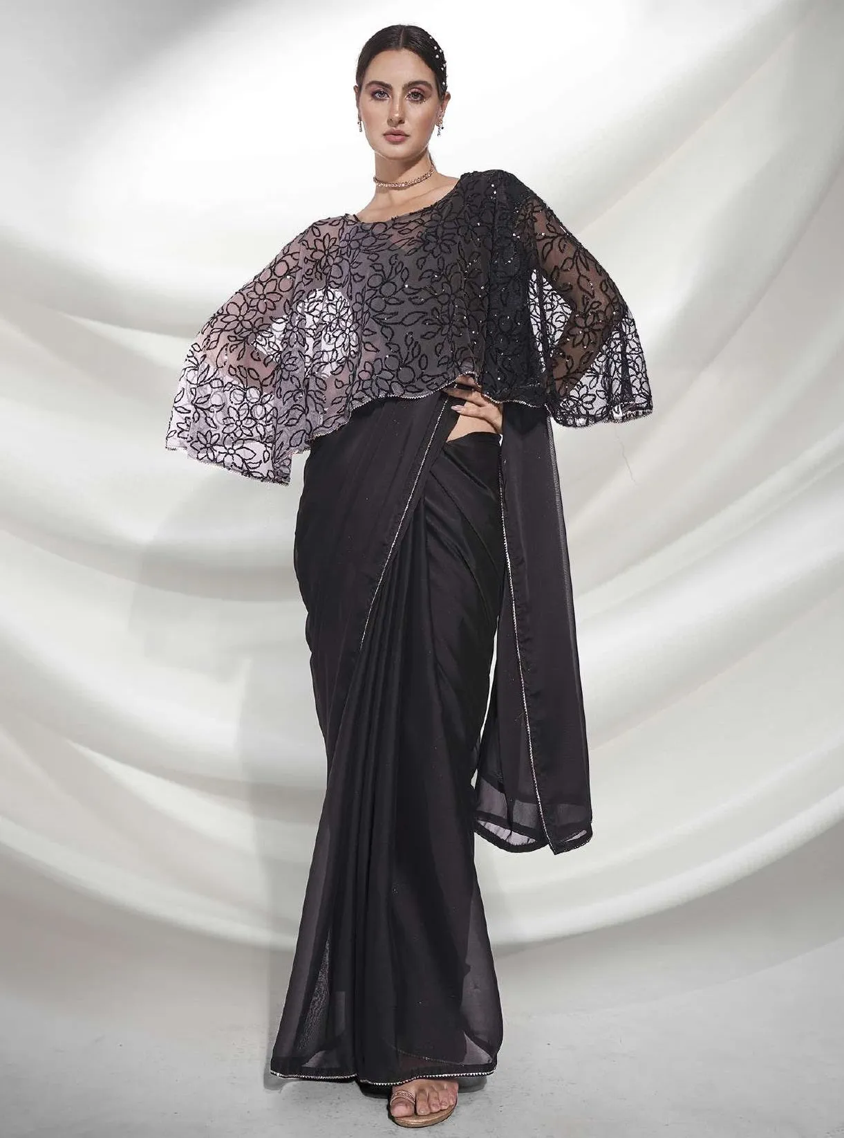 Women Party Wear Plain Black Colour Rangoli Silk Saree Collection(Attached Imported fabric cape)