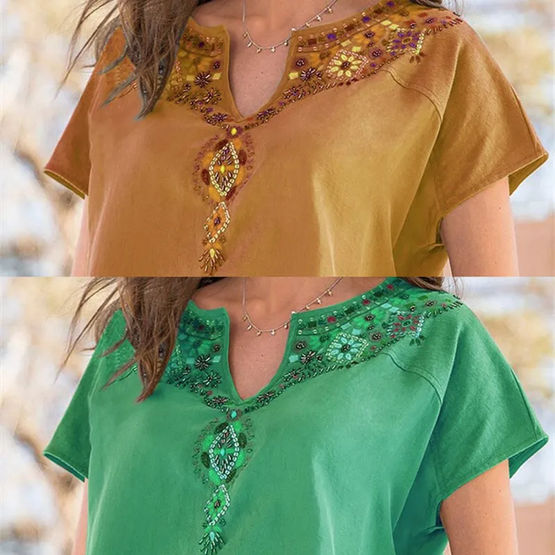 Women V-neck Floral Embroidered Boho Short Sleeve Tops