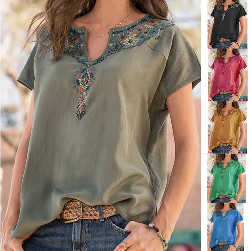 Women V-neck Floral Embroidered Boho Short Sleeve Tops