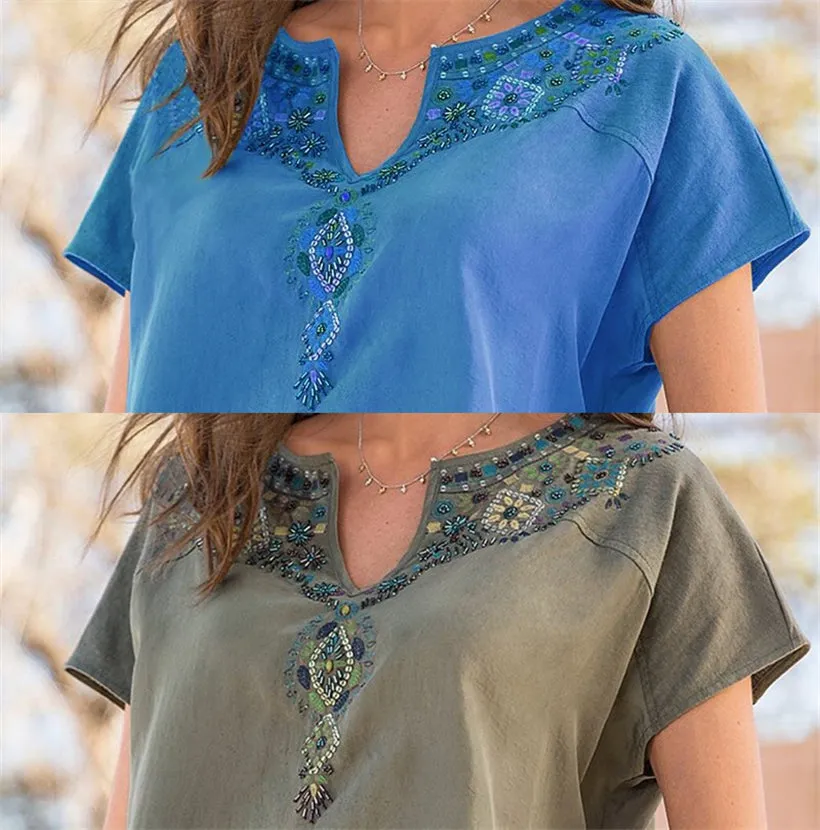 Women V-neck Floral Embroidered Boho Short Sleeve Tops