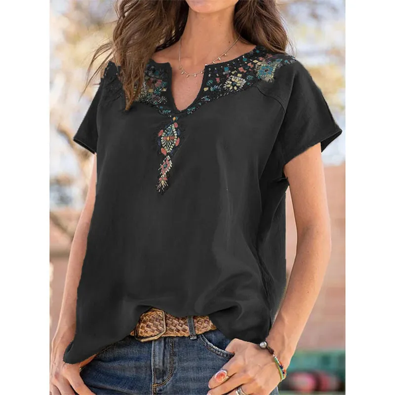 Women V-neck Floral Embroidered Boho Short Sleeve Tops