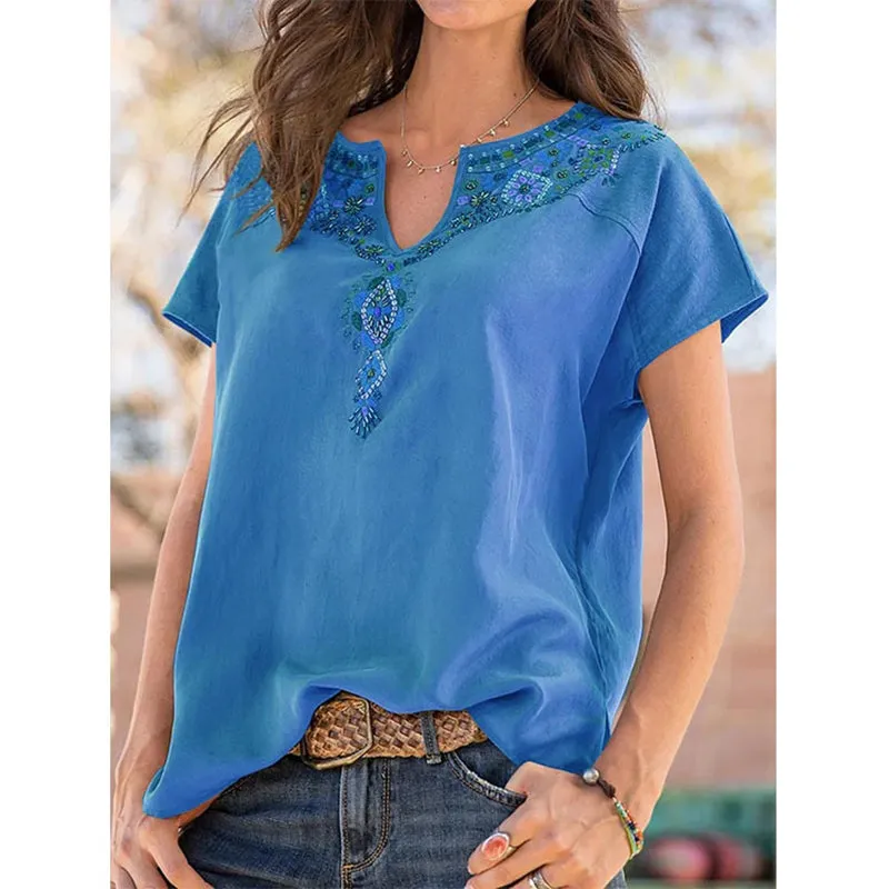 Women V-neck Floral Embroidered Boho Short Sleeve Tops