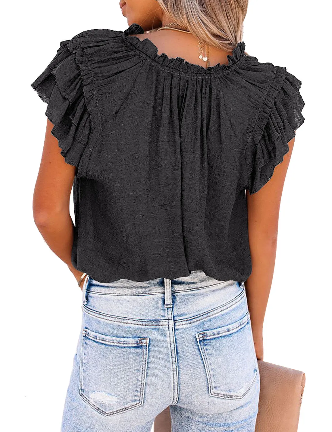 Women's Casual V Neck Tops Ruffle Flutter Shirt Cap Sleeve Blouse