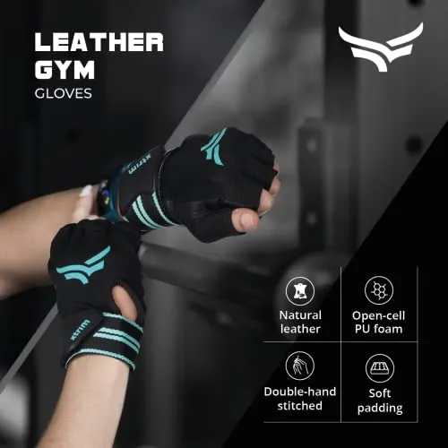 XTRIM X-Macho Leather Gym Gloves for Men & Women with Wrist Support Accessories for Weightlifting, Hand Exercise Gloves with Half-Finger Length for Gym Workout (M, Fits 7.5-8 Inches,Blue-Black)