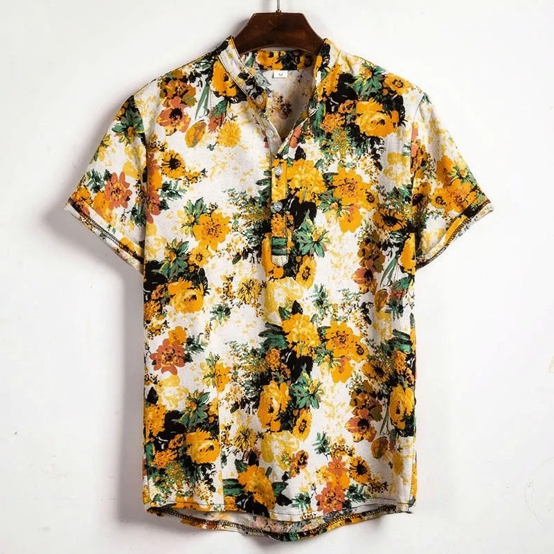 Yellow Hawaiian Floral Print Short Sleeve Shirt