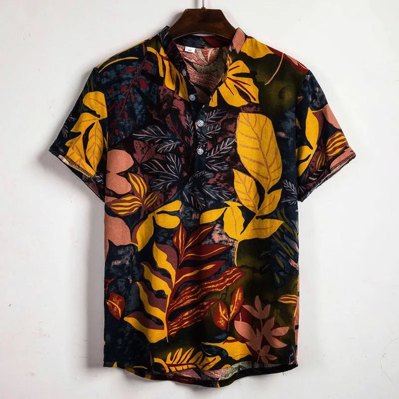 Yellow Hawaiian Floral Print Short Sleeve Shirt